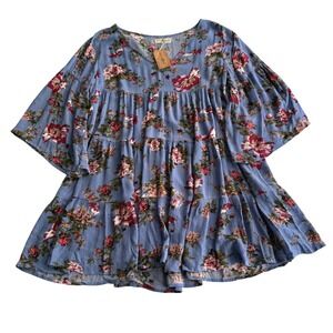 Natural Life NWT Cabbage‎ Rose Floral Print Tiered Bell Sleeve Oversize Dress M
